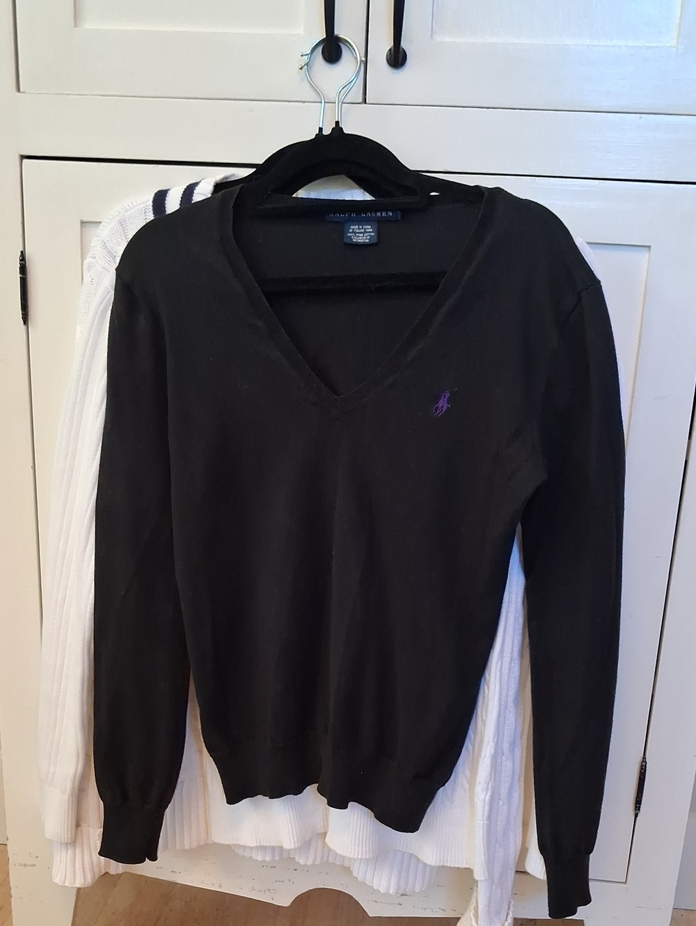 Vtg. Ralph Lauren Rich Black V-Neck Sweater with Purple Pony Logo Small